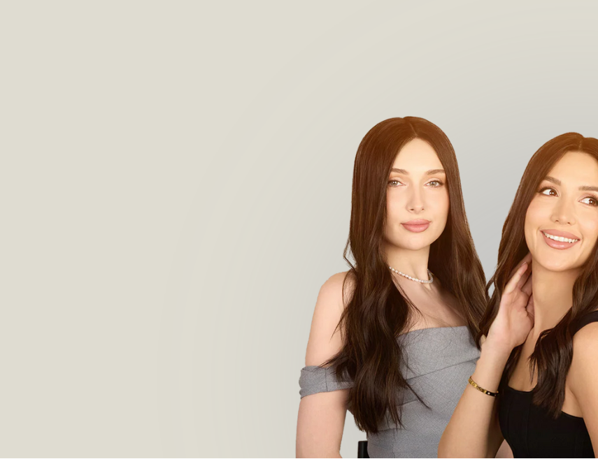 Three women with long brown hair wearing different outfits on a plain background